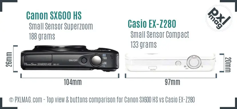 Canon SX600 HS vs Casio EX-Z280 top view buttons comparison