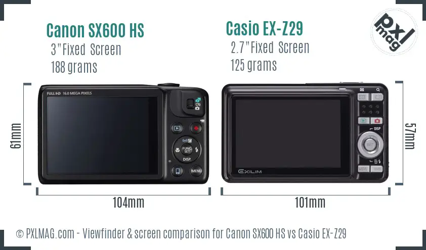 Canon SX600 HS vs Casio EX-Z29 Screen and Viewfinder comparison