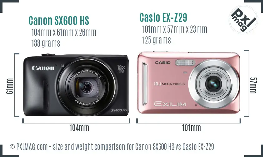 Canon SX600 HS vs Casio EX-Z29 size comparison
