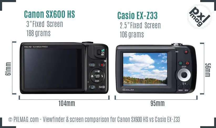 Canon SX600 HS vs Casio EX-Z33 Screen and Viewfinder comparison
