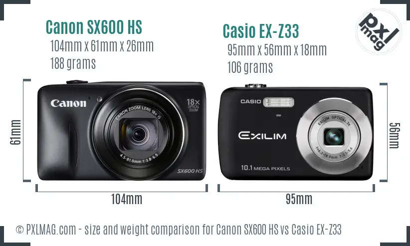 Canon SX600 HS vs Casio EX-Z33 size comparison