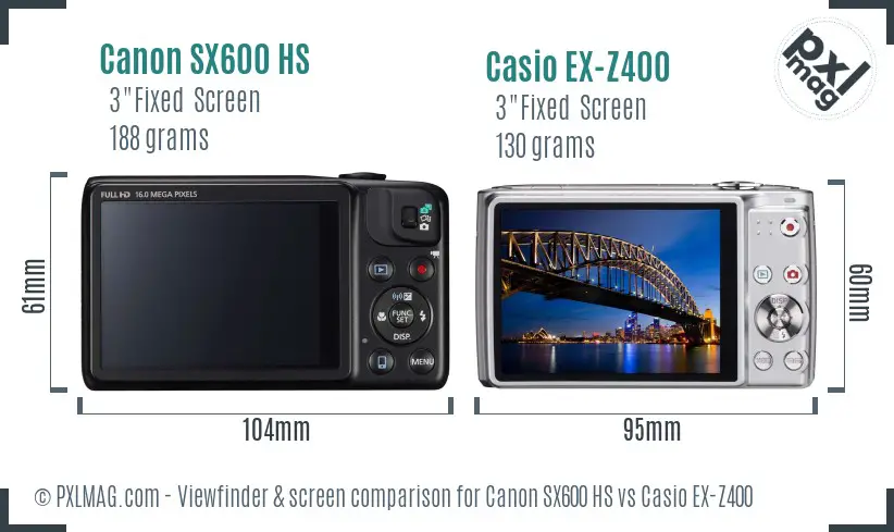 Canon SX600 HS vs Casio EX-Z400 Screen and Viewfinder comparison