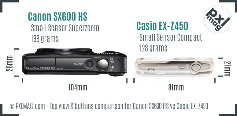 Canon SX600 HS vs Casio EX-Z450 top view buttons comparison