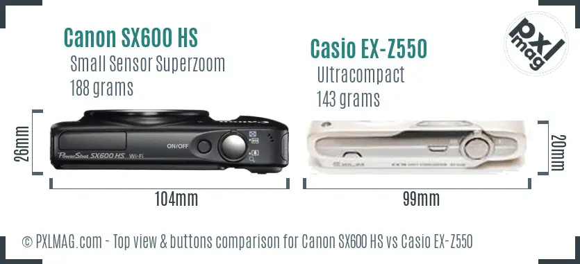 Canon SX600 HS vs Casio EX-Z550 top view buttons comparison