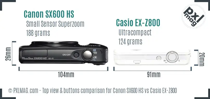 Canon SX600 HS vs Casio EX-Z800 top view buttons comparison Canon SX600 HS vs Casio EX-Z800 top view buttons comparison