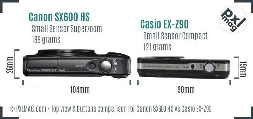 Canon SX600 HS vs Casio EX-Z90 top view buttons comparison