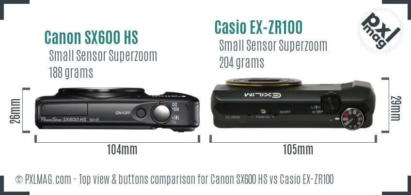 Canon SX600 HS vs Casio EX-ZR100 top view buttons comparison Canon SX600 HS vs Casio EX-ZR100 top view buttons comparison