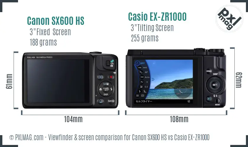 Canon SX600 HS vs Casio EX-ZR1000 Screen and Viewfinder comparison