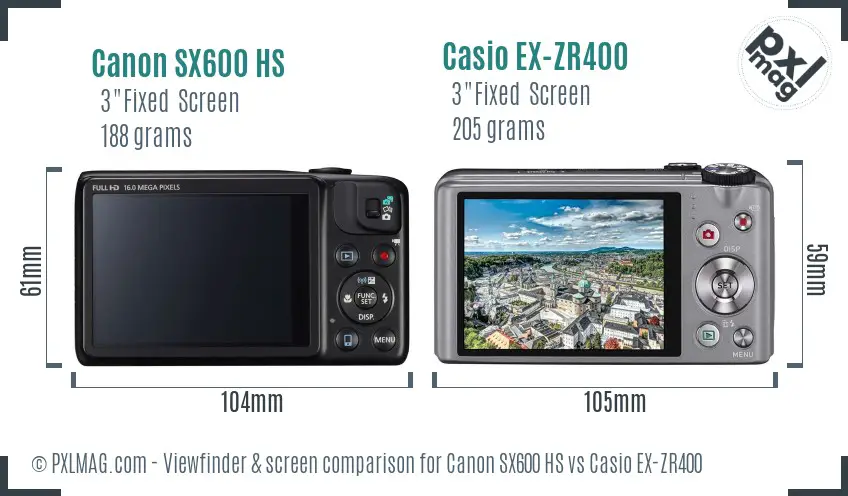 Canon SX600 HS vs Casio EX-ZR400 Screen and Viewfinder comparison