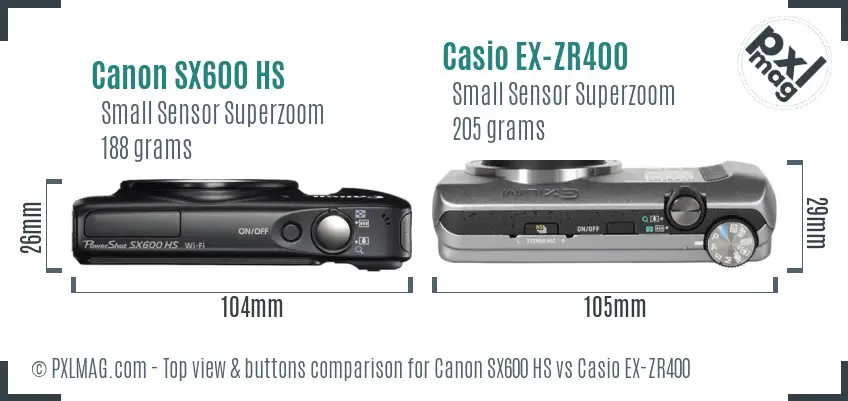 Canon SX600 HS vs Casio EX-ZR400 top view buttons comparison