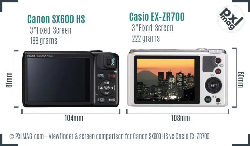 Canon SX600 HS vs Casio EX-ZR700 Screen and Viewfinder comparison