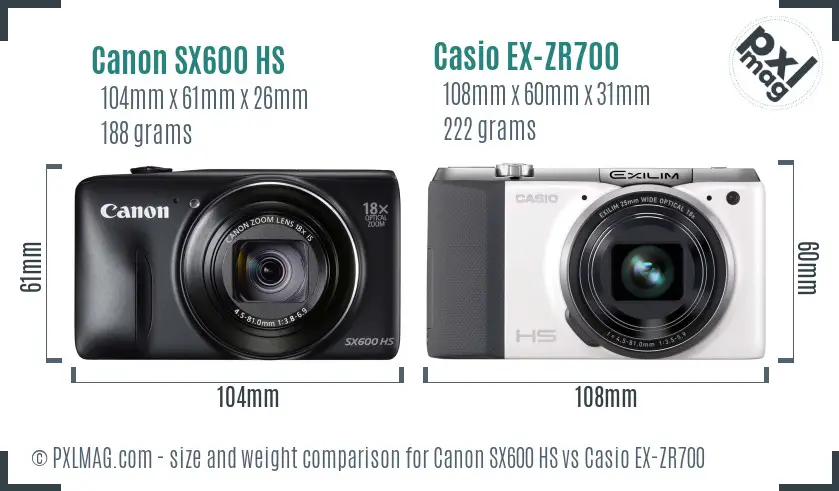 Canon SX600 HS vs Casio EX-ZR700 size comparison