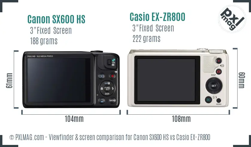 Canon SX600 HS vs Casio EX-ZR800 Screen and Viewfinder comparison