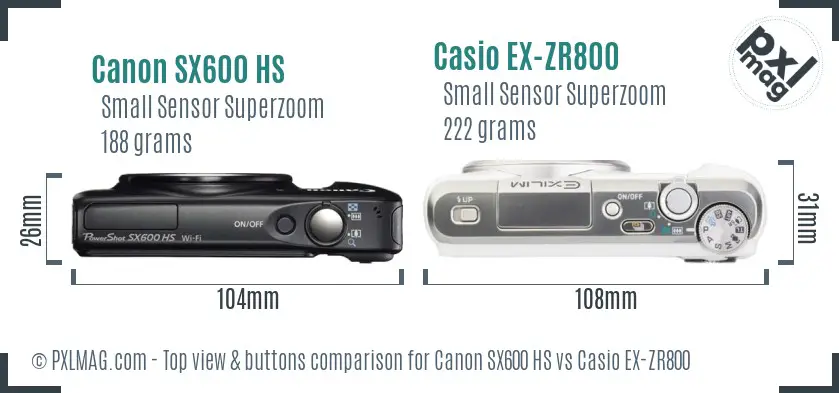 Canon SX600 HS vs Casio EX-ZR800 top view buttons comparison