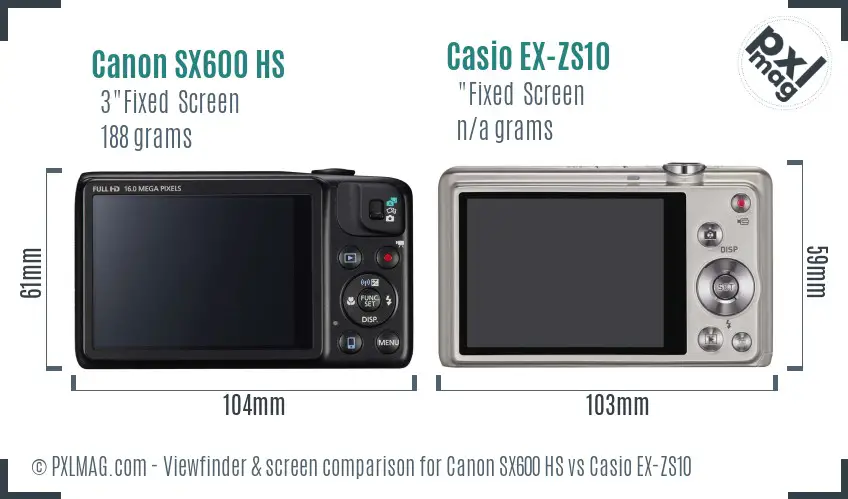 Canon SX600 HS vs Casio EX-ZS10 Screen and Viewfinder comparison
