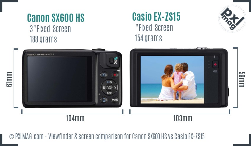 Canon SX600 HS vs Casio EX-ZS15 Screen and Viewfinder comparison