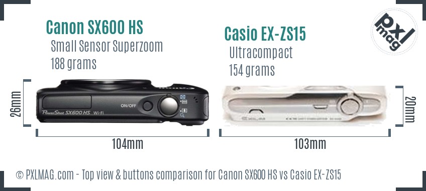 Canon SX600 HS vs Casio EX-ZS15 top view buttons comparison
