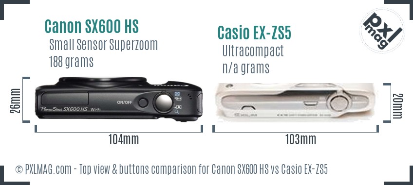Canon SX600 HS vs Casio EX-ZS5 top view buttons comparison
