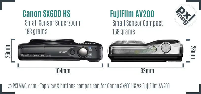 Canon SX600 HS vs FujiFilm AV200 top view buttons comparison