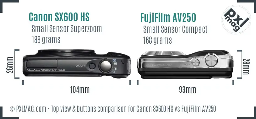 Canon SX600 HS vs FujiFilm AV250 top view buttons comparison Canon SX600 HS vs FujiFilm AV250 top view buttons comparison