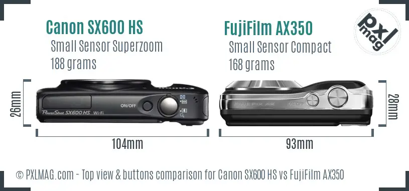 Canon SX600 HS vs FujiFilm AX350 top view buttons comparison