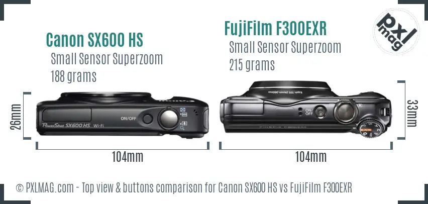 Canon SX600 HS vs FujiFilm F300EXR top view buttons comparison