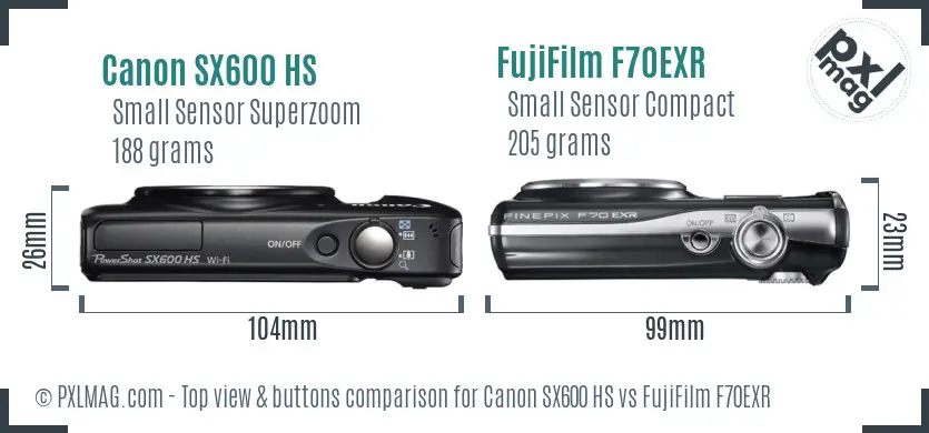 Canon SX600 HS vs FujiFilm F70EXR top view buttons comparison