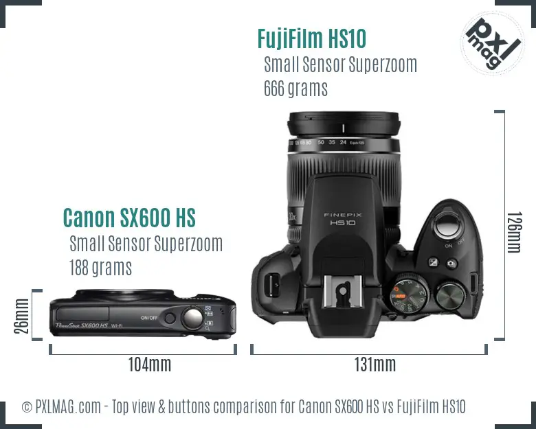 Canon SX600 HS vs FujiFilm HS10 top view buttons comparison