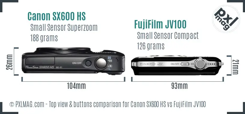 Canon SX600 HS vs FujiFilm JV100 top view buttons comparison