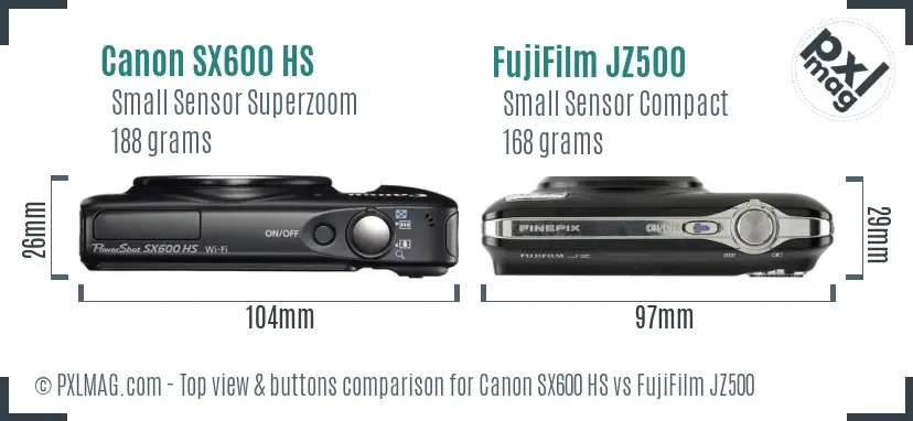 Canon SX600 HS vs FujiFilm JZ500 top view buttons comparison