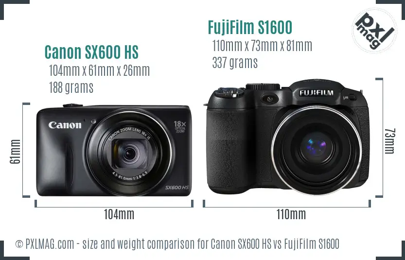 Canon SX600 HS vs FujiFilm S1600 size comparison