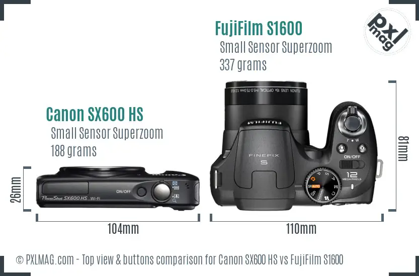 Canon SX600 HS vs FujiFilm S1600 top view buttons comparison