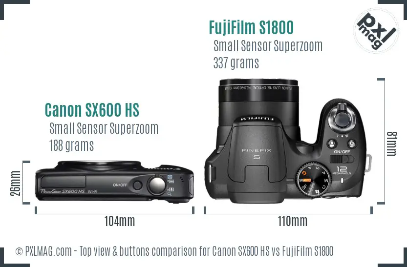 Canon SX600 HS vs FujiFilm S1800 top view buttons comparison
