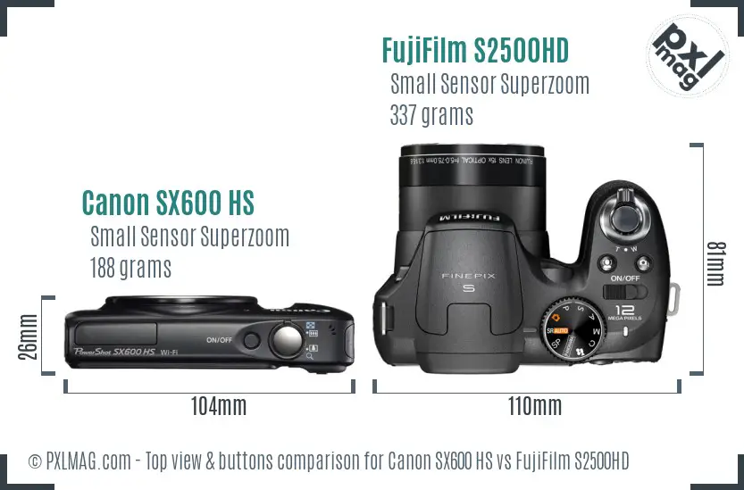 Canon SX600 HS vs FujiFilm S2500HD top view buttons comparison