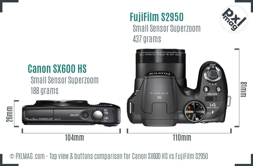 Canon SX600 HS vs FujiFilm S2950 top view buttons comparison Canon SX600 HS vs FujiFilm S2950 top view buttons comparison