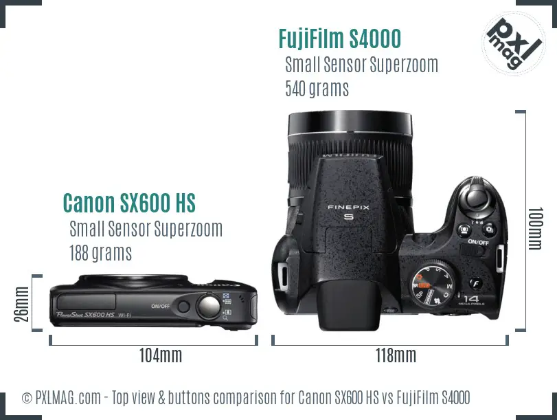 Canon SX600 HS vs FujiFilm S4000 top view buttons comparison Canon SX600 HS vs FujiFilm S4000 top view buttons comparison