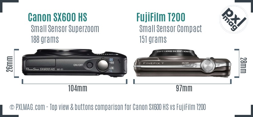 Canon SX600 HS vs FujiFilm T200 top view buttons comparison