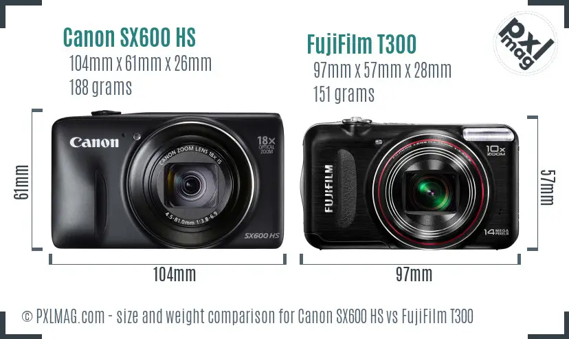 Canon SX600 HS vs FujiFilm T300 size comparison
