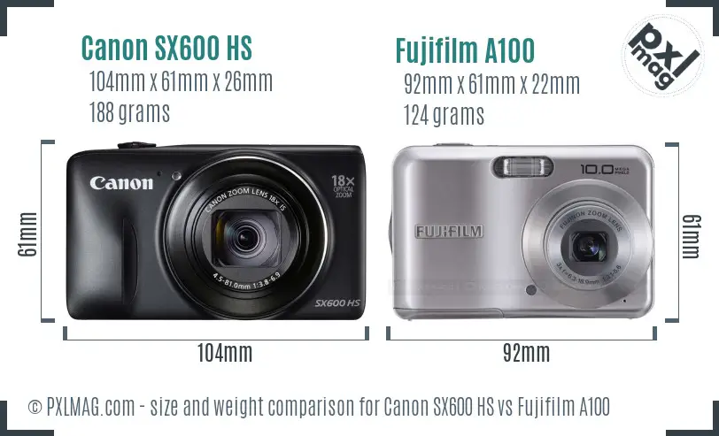 Canon SX600 HS vs Fujifilm A100 size comparison