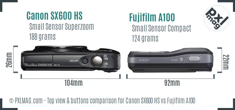 Canon SX600 HS vs Fujifilm A100 top view buttons comparison