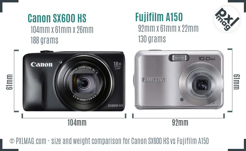 Canon SX600 HS vs Fujifilm A150 size comparison
