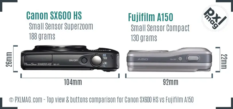 Canon SX600 HS vs Fujifilm A150 top view buttons comparison