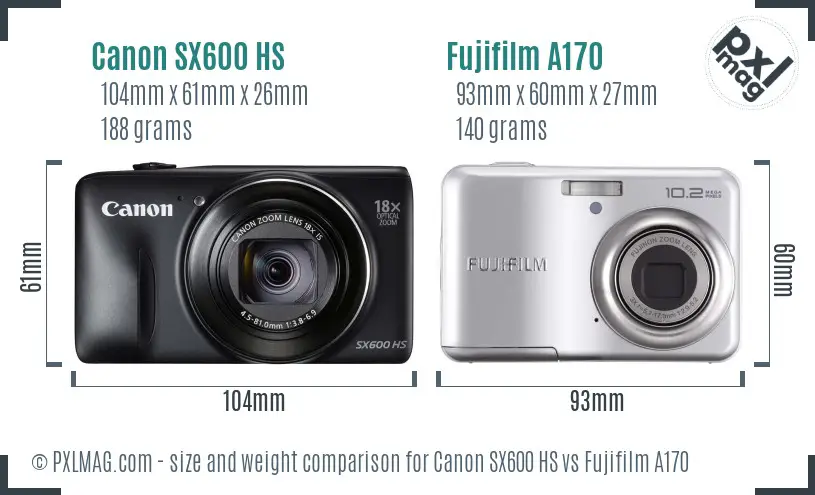 Canon SX600 HS vs Fujifilm A170 size comparison