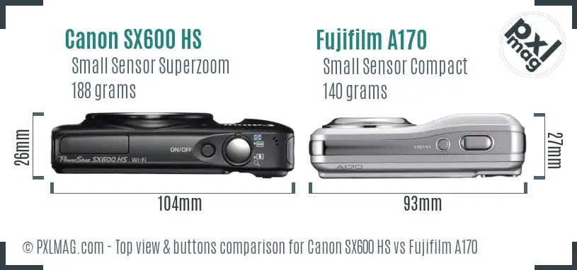 Canon SX600 HS vs Fujifilm A170 top view buttons comparison