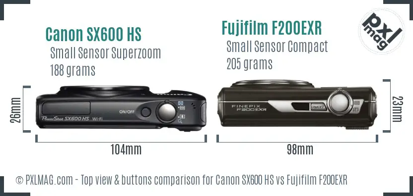 Canon SX600 HS vs Fujifilm F200EXR top view buttons comparison