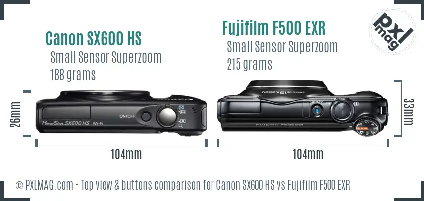 Canon SX600 HS vs Fujifilm F500 EXR top view buttons comparison Canon SX600 HS vs Fujifilm F500 EXR top view buttons comparison