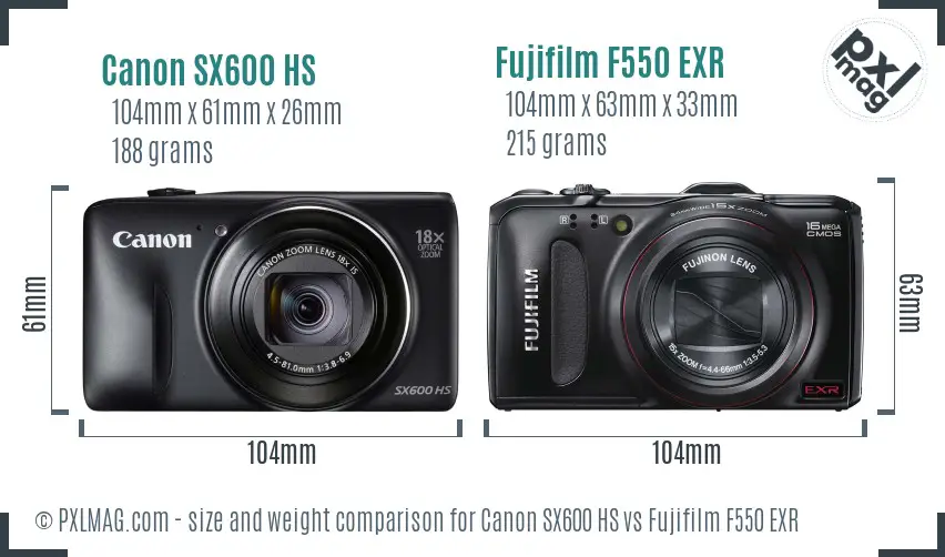 Canon SX600 HS vs Fujifilm F550 EXR size comparison