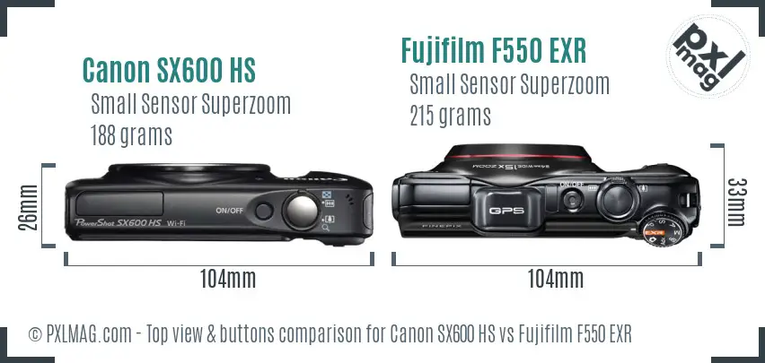 Canon SX600 HS vs Fujifilm F550 EXR top view buttons comparison