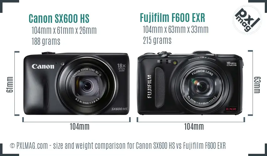 Canon SX600 HS vs Fujifilm F600 EXR size comparison
