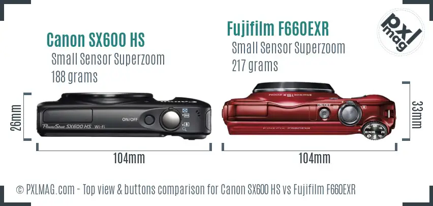 Canon SX600 HS vs Fujifilm F660EXR top view buttons comparison